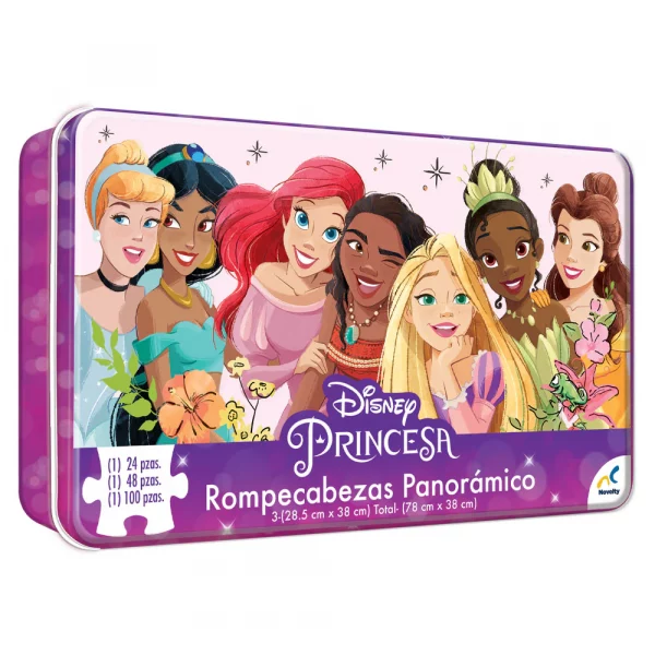 Rompecabezas Panorámico 3 en 1 Disney Princesa en Caja de Metálica, Novelty, JCA-2848