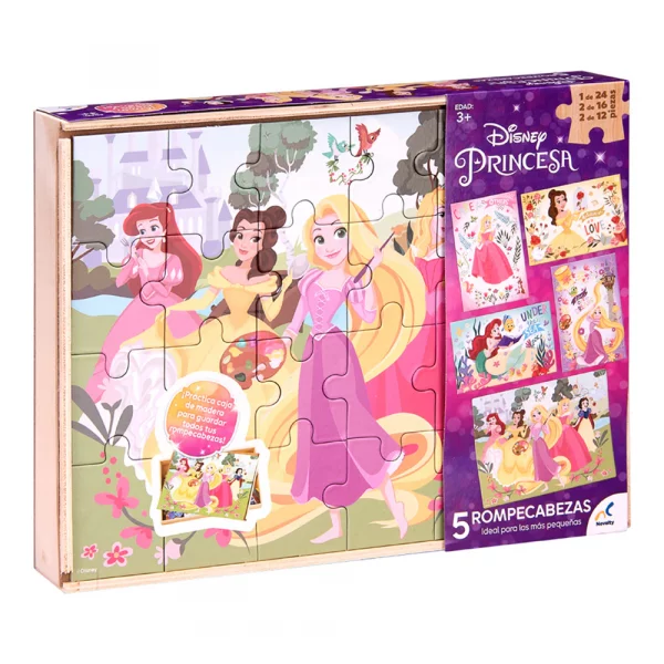 Rompecabezas 5 en 1 Caja de Madera Princesas, Novelty, JCA-3097